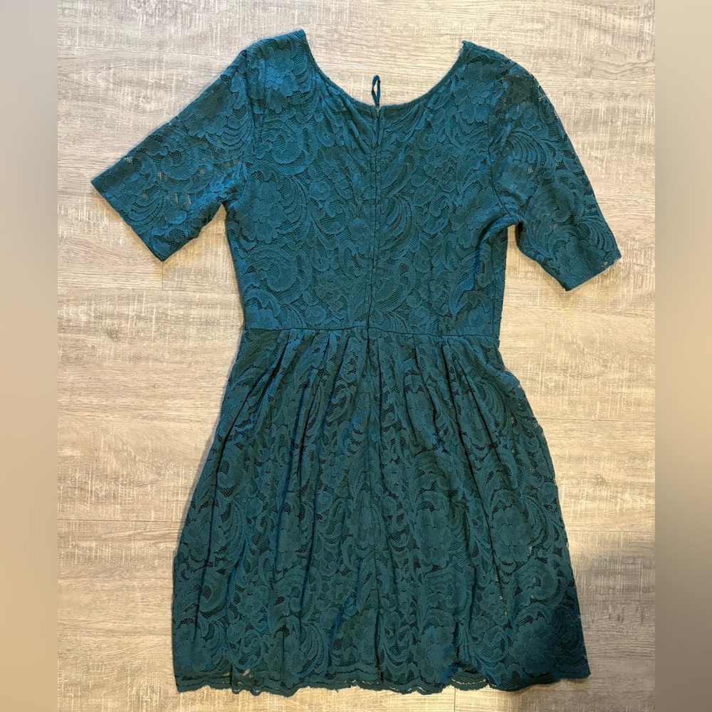 Anthropologie Teal Lace Short-Sleeve Fit-and-Flare Dress - Picture 2 of 4